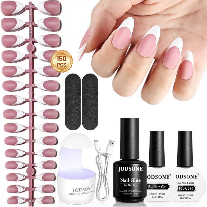 JODSONE 154pcs New Upgrade French Gel Nail Tips Kit French Tip Press on Nails Soft Fack Nail Tips Gel Nail Glue,Builder Gel,Top Coat,Nail Lamp All Included for Nail Art Easy DIY
