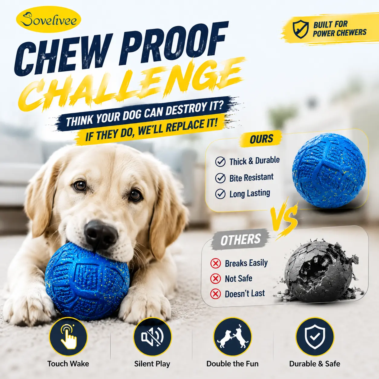 Sovelivee Interactive Dog Ball Toy, Motion Activated Automatic Moving Ball for Dogs, USB Rechargeable Smart Chew Toy with Silent Operation, Durable Pet Exercise Toy for Indoor Play and Boredom Relief
