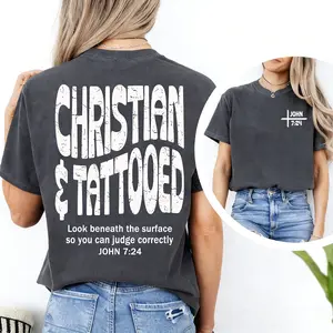 Christian-themed tattoo design washed cotton T-shirt, featuring John 7:24 and the message "Jesus Loves You."