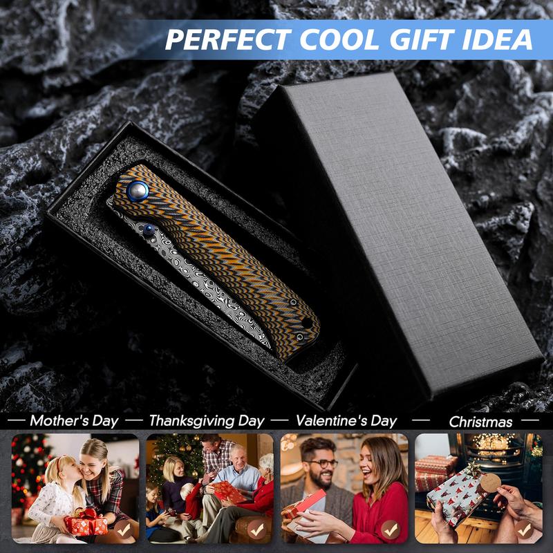 A two-tone G10 Winged Dart folding knife featuring a large Damascus-forged blade—sharp for cutting, portable and durable—ideal for outdoor camping, barbecues, and fishing; collectible grade, an ideal choice for outdoor enthusiasts and as a holiday gift.