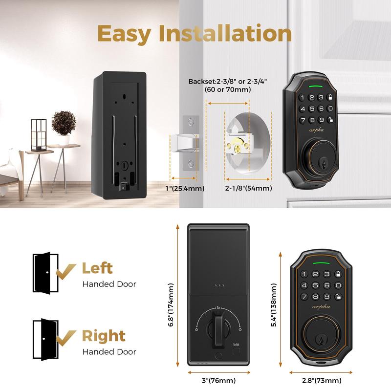 Arpha D180 Keyless Entry Door Lock with Keypad Smart Deadbolt Lock for Front Door 2 Keys Auto Lock Easy Installation Suitable for Various Scenarios Multiple Styles to Choose From with or without APP;Version with and without fingerprint
