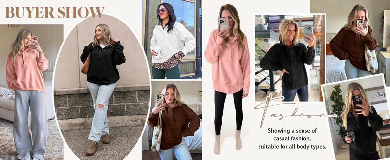 Fisoew Womens Oversized Sweatshirt Casual Snap Stand Collar Long Sleeve Pullover Tops Fall Travel Outfits Womenswear