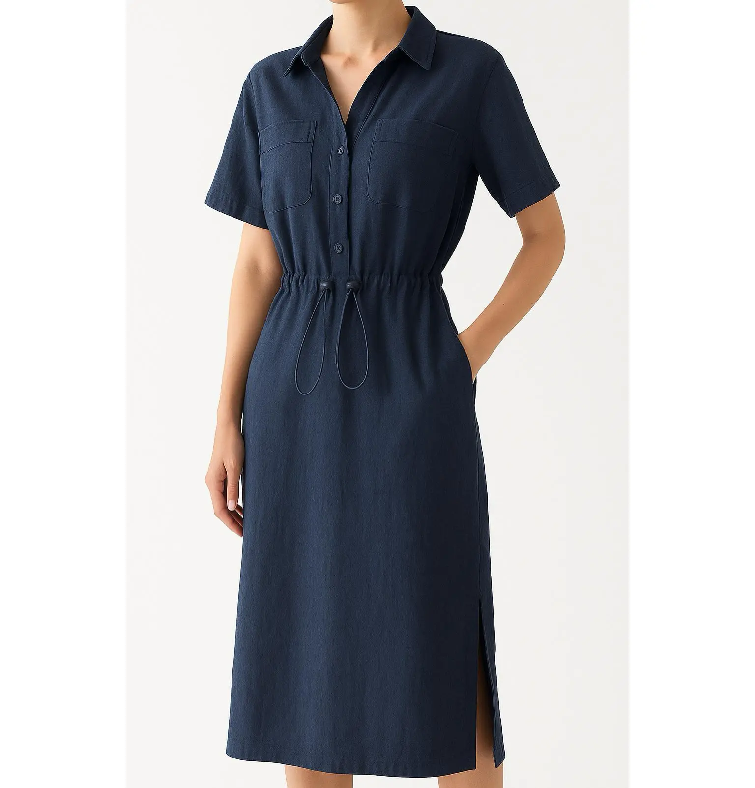 Women's 100% Cotton Linen Shirt Dress | Slimming Drawstring Waist | Elegant  American Casual Midi Dress | Black & Navy Blueoffee | S-XL - TikTok Shop