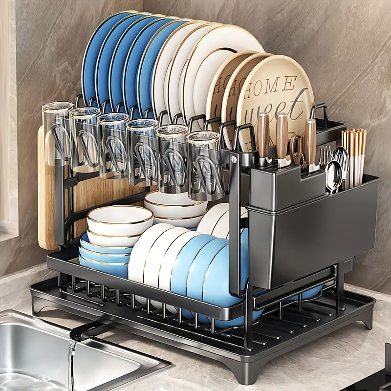 2-Tier Large Black Dish Drying Rack for Big Families | Stainless Steel with Pull-Out Drain Tray & Full Storage Holders organizer laptop space-saving shelf