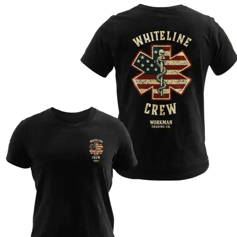 White Line Crew EMS Star of Life T-Shirt, Vintage American Flag Graphic Tee, Soft Cotton Black Shirt, First Responder Apparel, Patriotic Paramedic Hero Gift