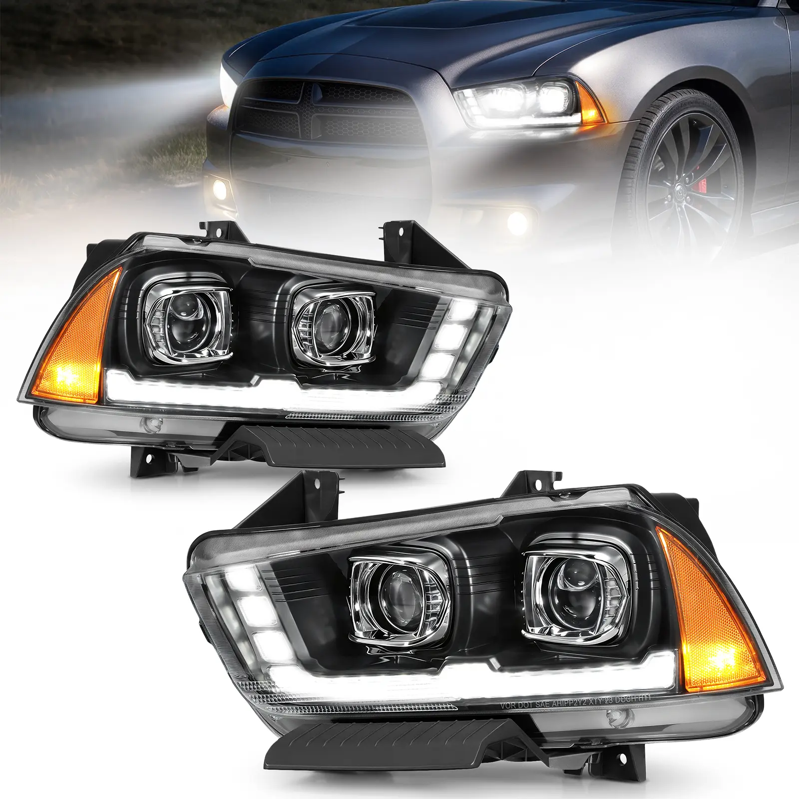 Partsam LED Headlights Assembly Compatible with Charger 2011-2014, DOT Approved Dual Projector Lens Headlamp Pair with Start Animation DRL Turn Signal Hi/Low Beam 6500K IP67