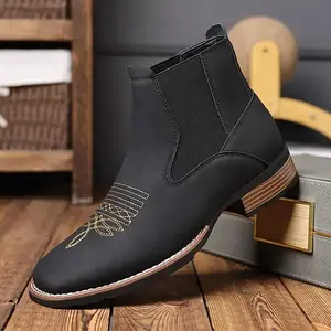 Men's Slip-On Chelsea Boots with Golden Embroidery - British Retro Style Ankle Boots, Elastic Sides & Rubber Sole for Casual, Party, Autumn Winter Wear, Autumn Boots |           Elegant Ankle Boots |           Boots Black Boy Walking Shoes Footwear Comfor