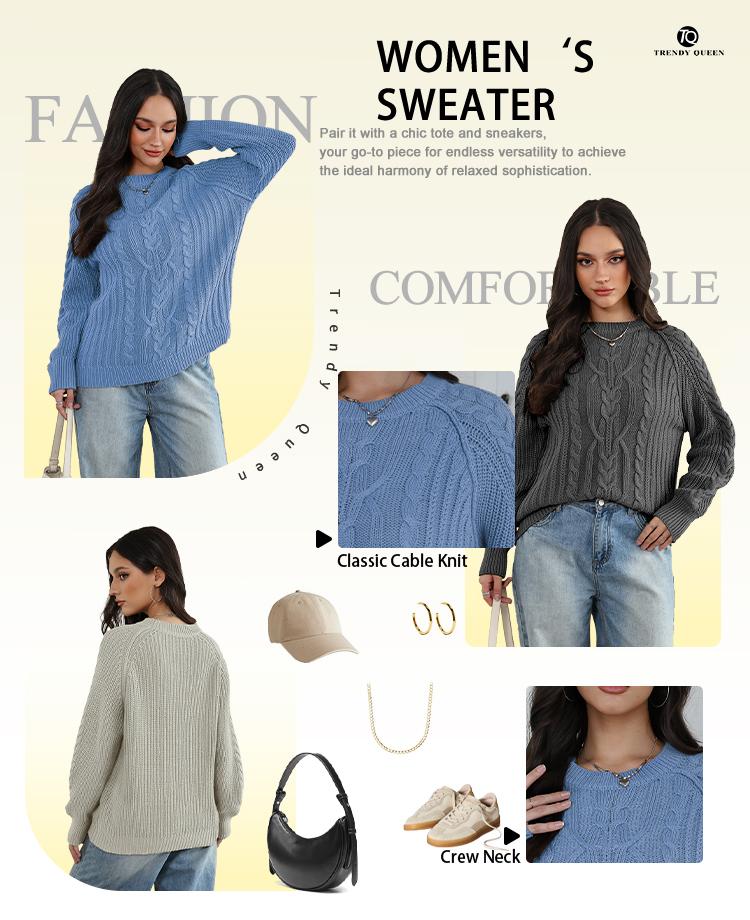 Trendy Queen Women's Oversized Sweater Autumn Long Lantern Sleeve Lightweight Knit Fitted Casual Grey Knitting Basic Bridal Minimalist Tops - Chic