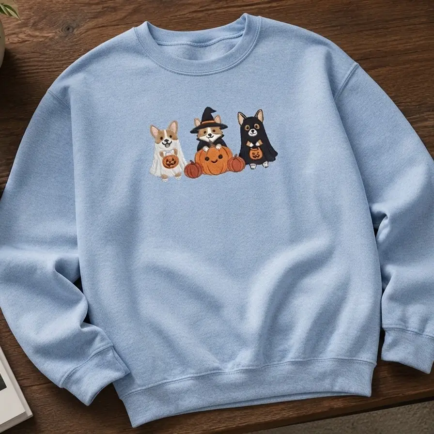 Embroidered Corgi Halloween Apparel, Unisex Sweatshirt, T-shirt, And Hoodie, Cotton Top With Cute Festive Graphic, Comfortable Casual Clothing For Everyday Style