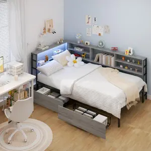 L-shaped Twin Size Corner Bed Frames with Storage Drawers, Charging Station, Led Light & Bookcase Headboard, Wooden & Metal L-Shaped Captain Daybed for Small Room, Bedroom, Guest Room, kids'Room, Grey