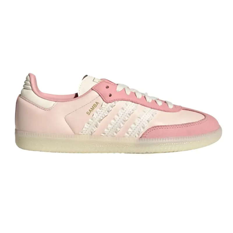 Adidas Samba Ruffle Stripes Pack Wonder Mauve Pink Women's Sneakers JR8830 Authentic Leather Upper Closed Fashion Ribbon Lace Athletic Shoes Metallic Gold