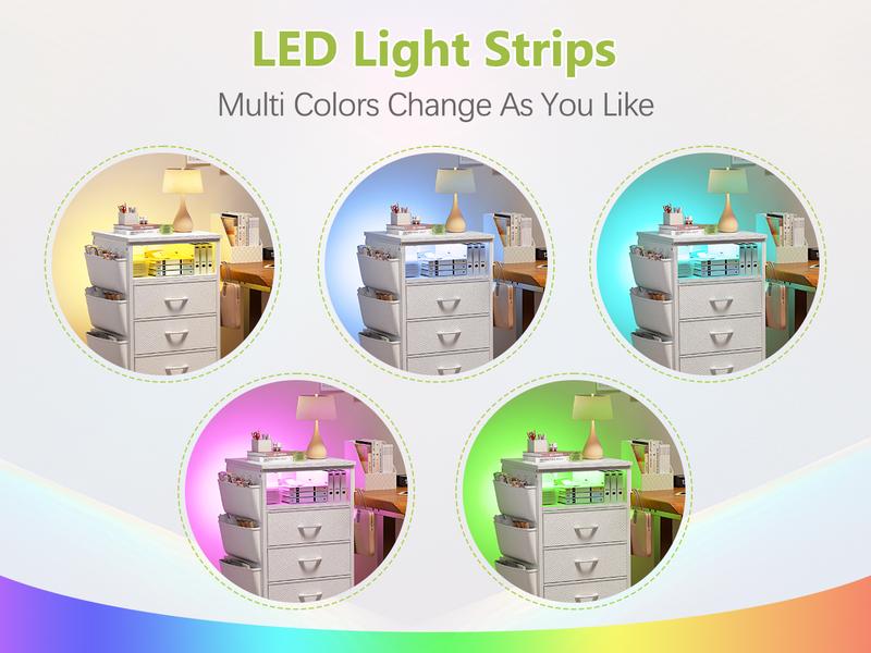 [with Free Gifts] Raybee LED Nightstand with Charging Station, Set of 1-2 Side Table with 5 Dresser Drawers, Tall LED Nightstands with USB Ports & Outlets, White End Table with Side Bag & Storage Shelf, Bedroom Furniture, Cabinet