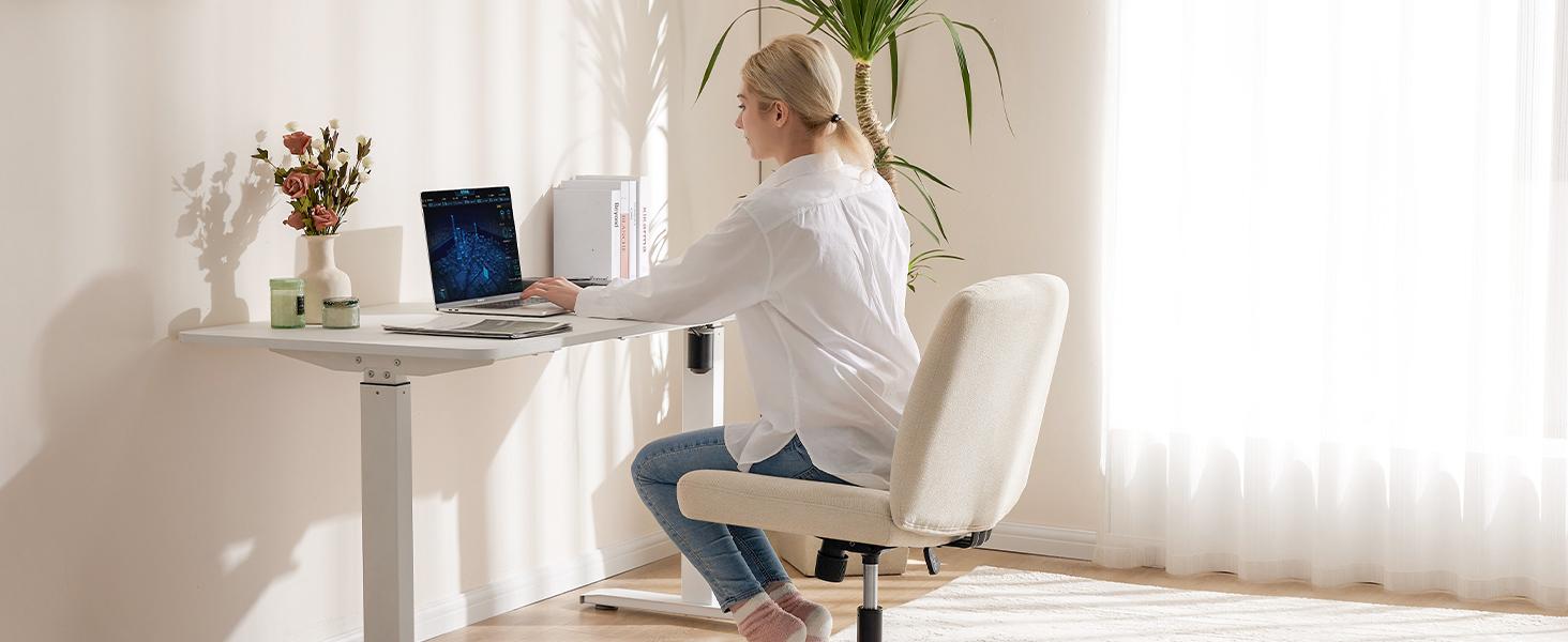 Furnest Furniture Indoor Furniture Chairs Criss Cross Legged Office Chair, Armless Desk Chair No Wheels Wide Home Office Desk Chairs, Adjustable Swivel Vanity Chair