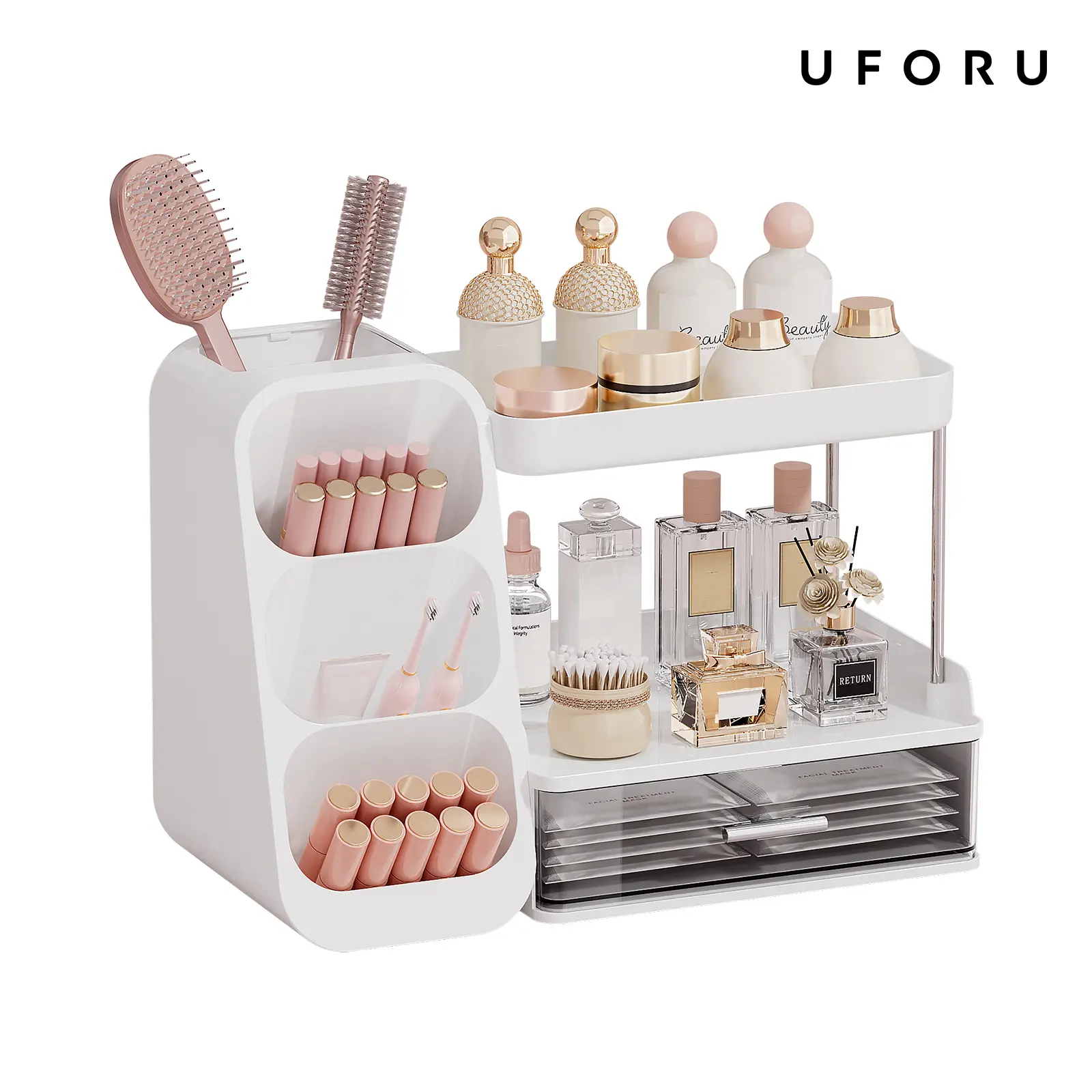 UFORU Modern Bathroom Organizer - 1-in-1 Vanity Storage Accessory with Sturdy Metal Bracket, Easy Installation & Cleaning, Ideal for Makeup, Skincare & Brushes