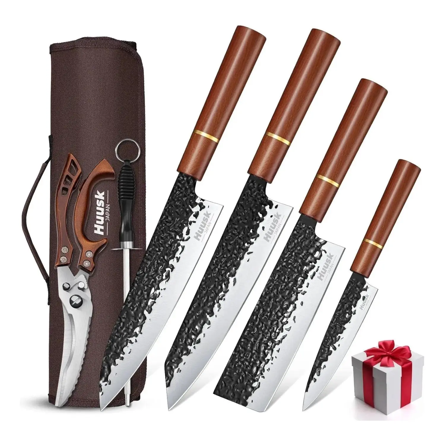 HUUSK Japanese 6-Piece Kitchen Knife Set with Steel Blades, Protective Covers, Scissors, Sharpener, Compact Roll Bag, Practical Gift Idea