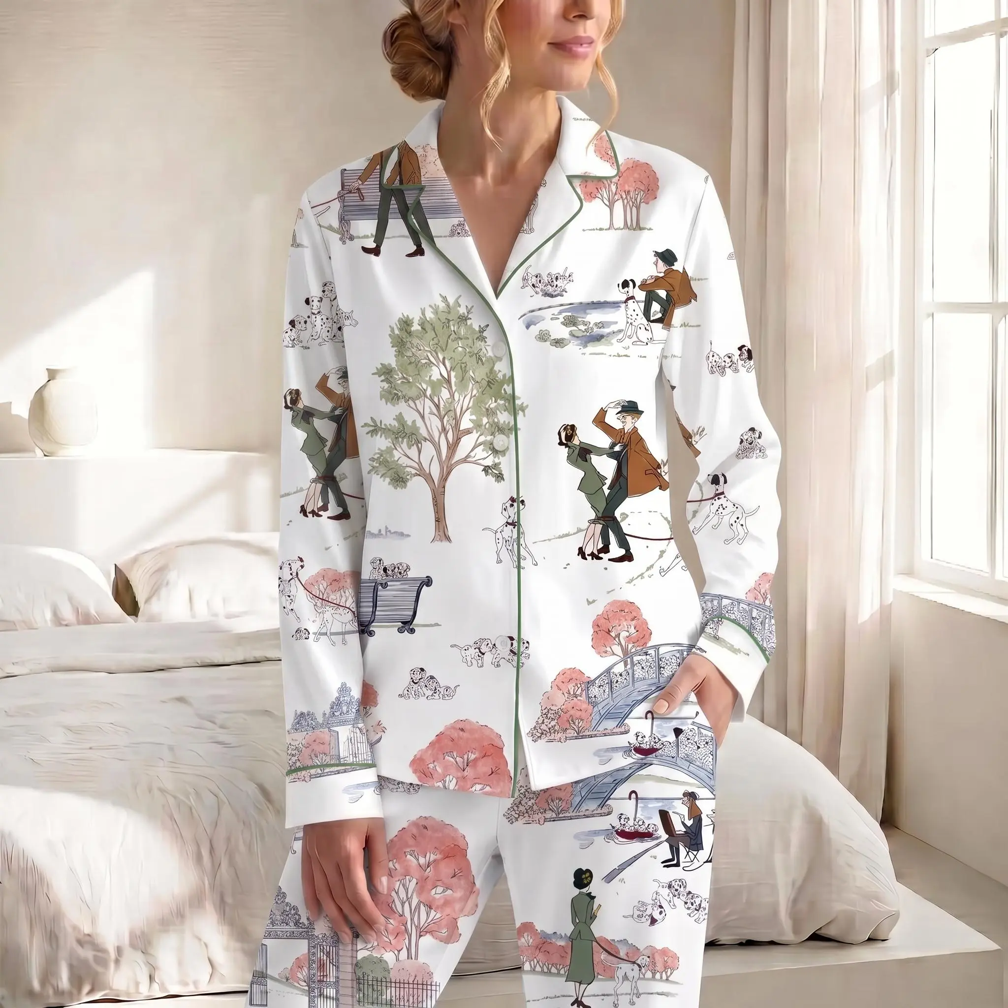 Dalmatian Dog Pajama Set, Cute Illustrated Long PJs, Coquette Aesthetic Loungewear, Autumn Gift for Her