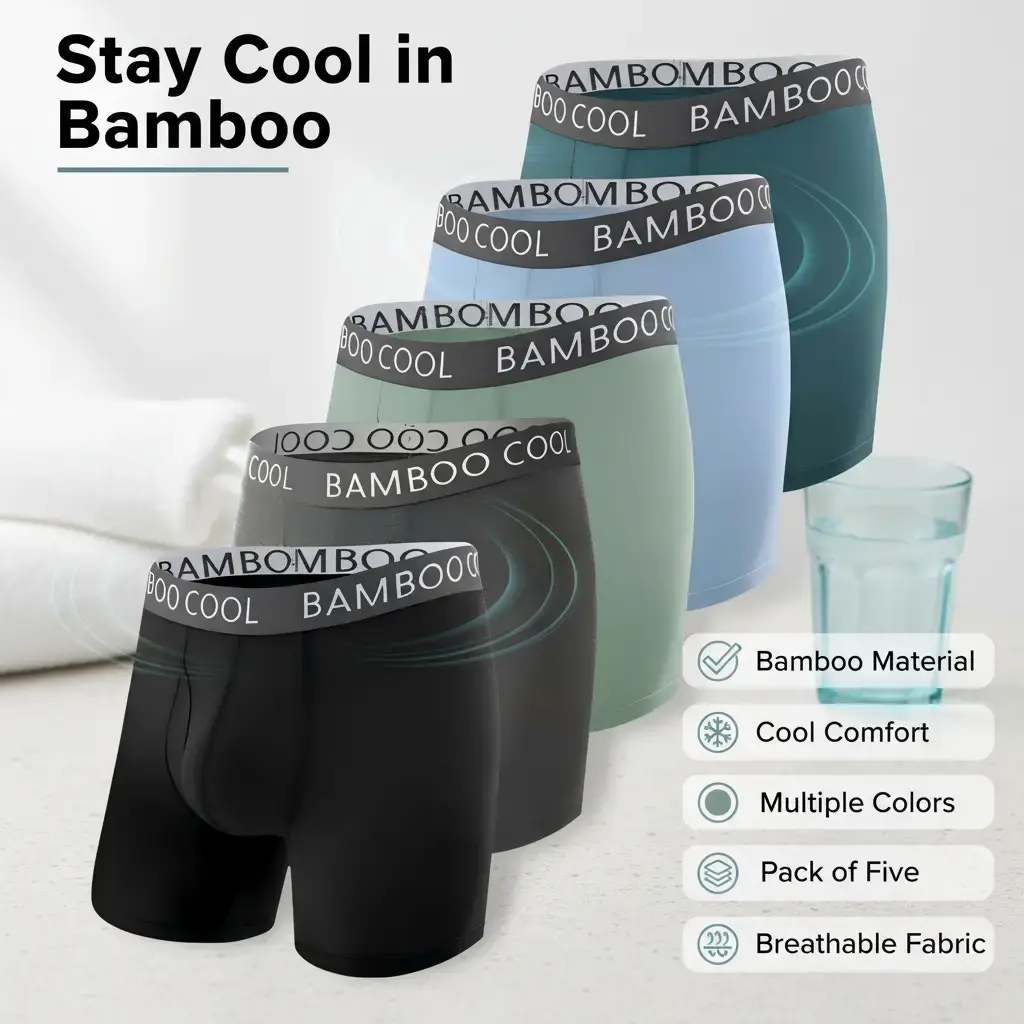 BAMBOO COOL Men's Boxer Briefs, 5-Pack Minimalist Natural Stretch Menswear with 3D U-Pouch & Seamless Back, Classic Plain for All-Day Soft Comfort