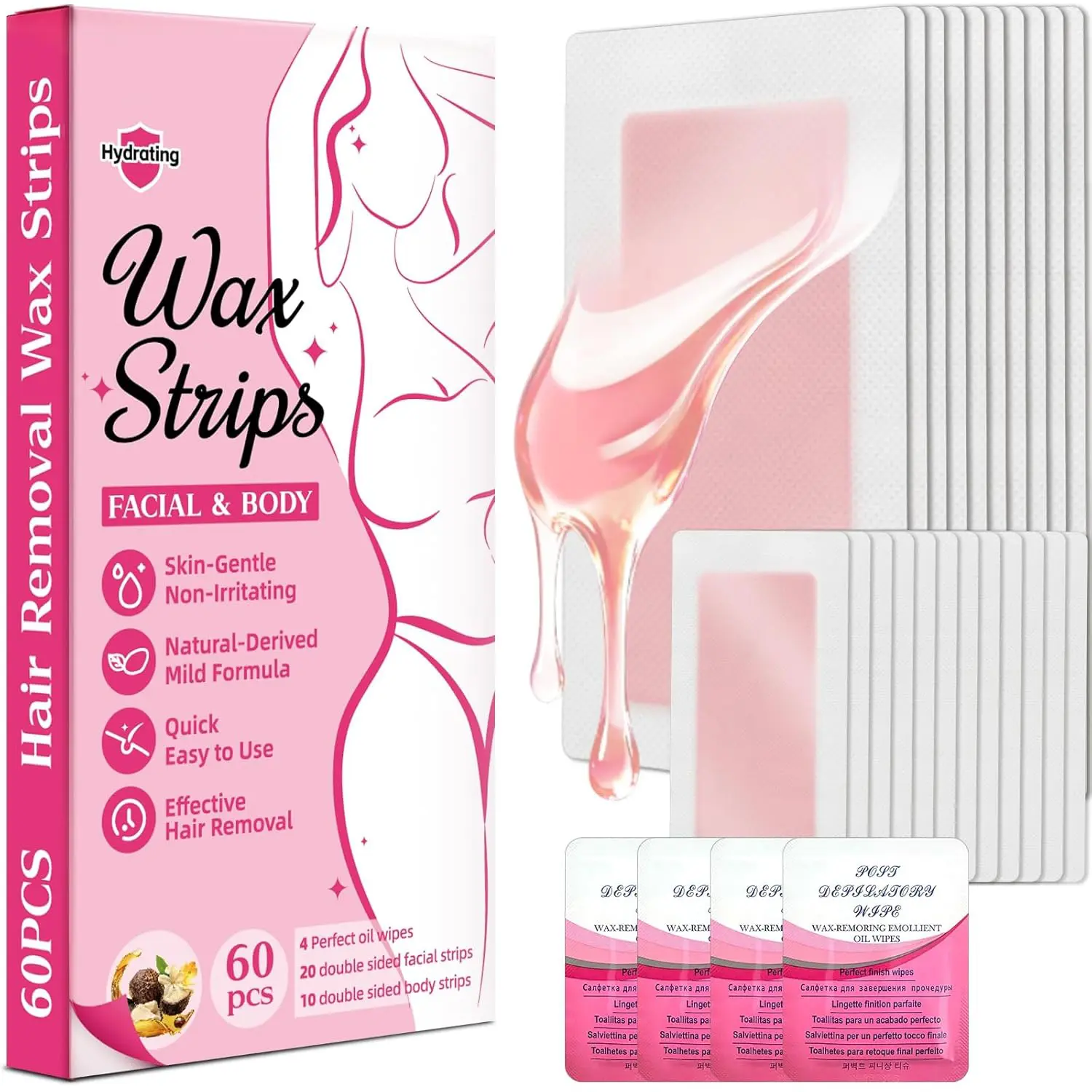 60 PCS Wax Strips - 40 Facial & 20 Body Waxing Kit for Women s Hair Removal,Wax Strips for Face,Eyebrow,Body, Arms, Legs, Chest, Back, Bikini/Brazilian Waxing Strips & 4Calming Oil Wipes