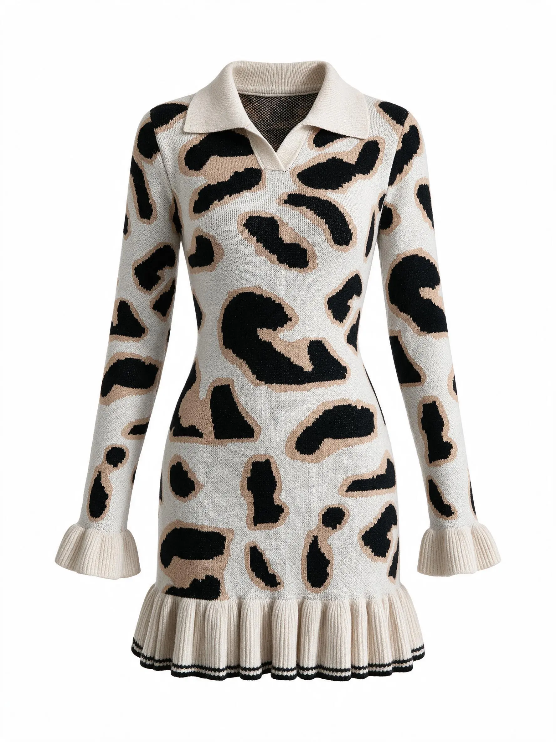 Women's Autumn Fashion Leopard Print Knit Ruffle Hem Bodycon Design Sweater Dress Cloth Stretch Fabric Cozy Elegant
