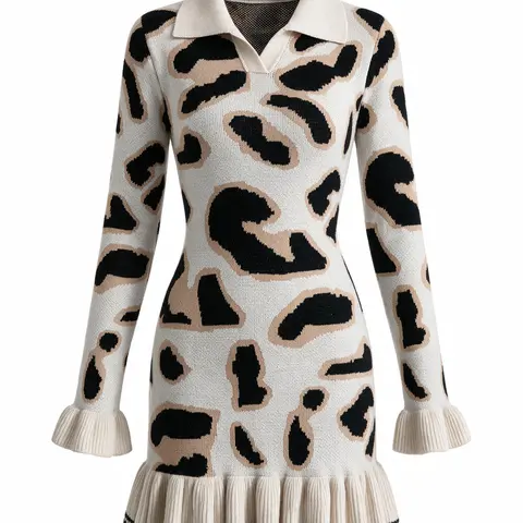 Women's Autumn Fashion Leopard Print Knit Ruffle Hem Bodycon Design Sweater Dress Cloth Stretch Fabric Cozy Elegant