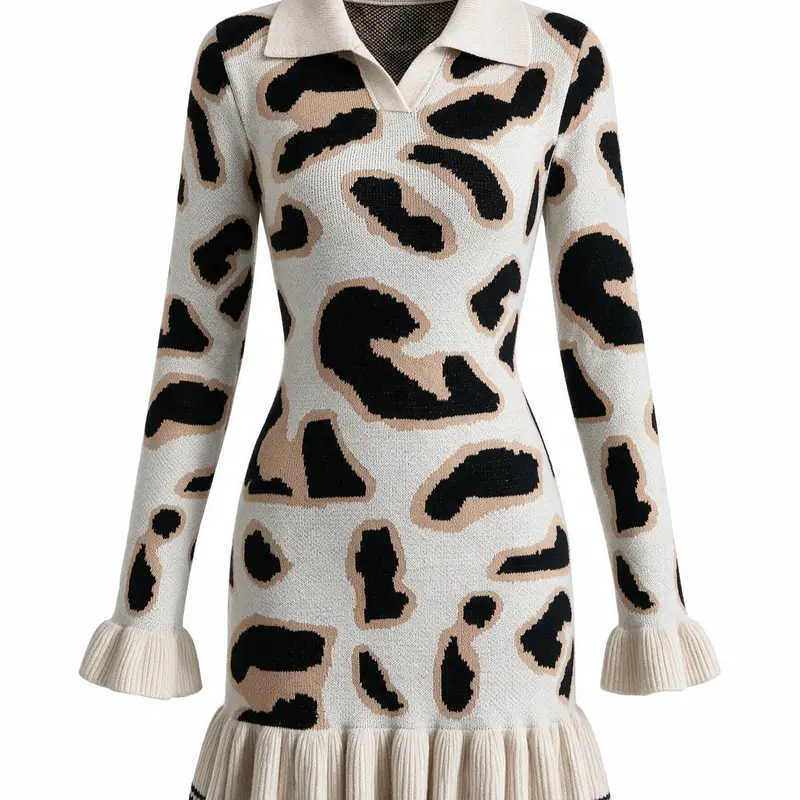 Women's Autumn Fashion Leopard Print Knit Ruffle Hem Bodycon Design Sweater Dress Cloth Stretch Fabric Cozy Elegant