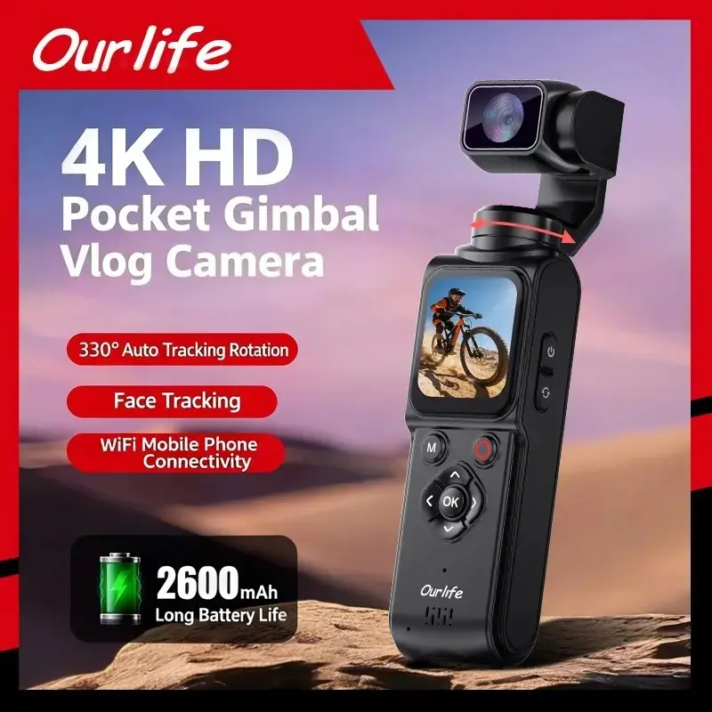 Ourlife Camcorder 1 Inch Cmos 4K Video, Three-Axis Gimbal Stabilizer, Quick Focus, Face Recognition/object Tracking, Portable Camera, Vlogging Camera, Video Recording Camera, Video Camcorders, Video Recorder, Portable Handycam