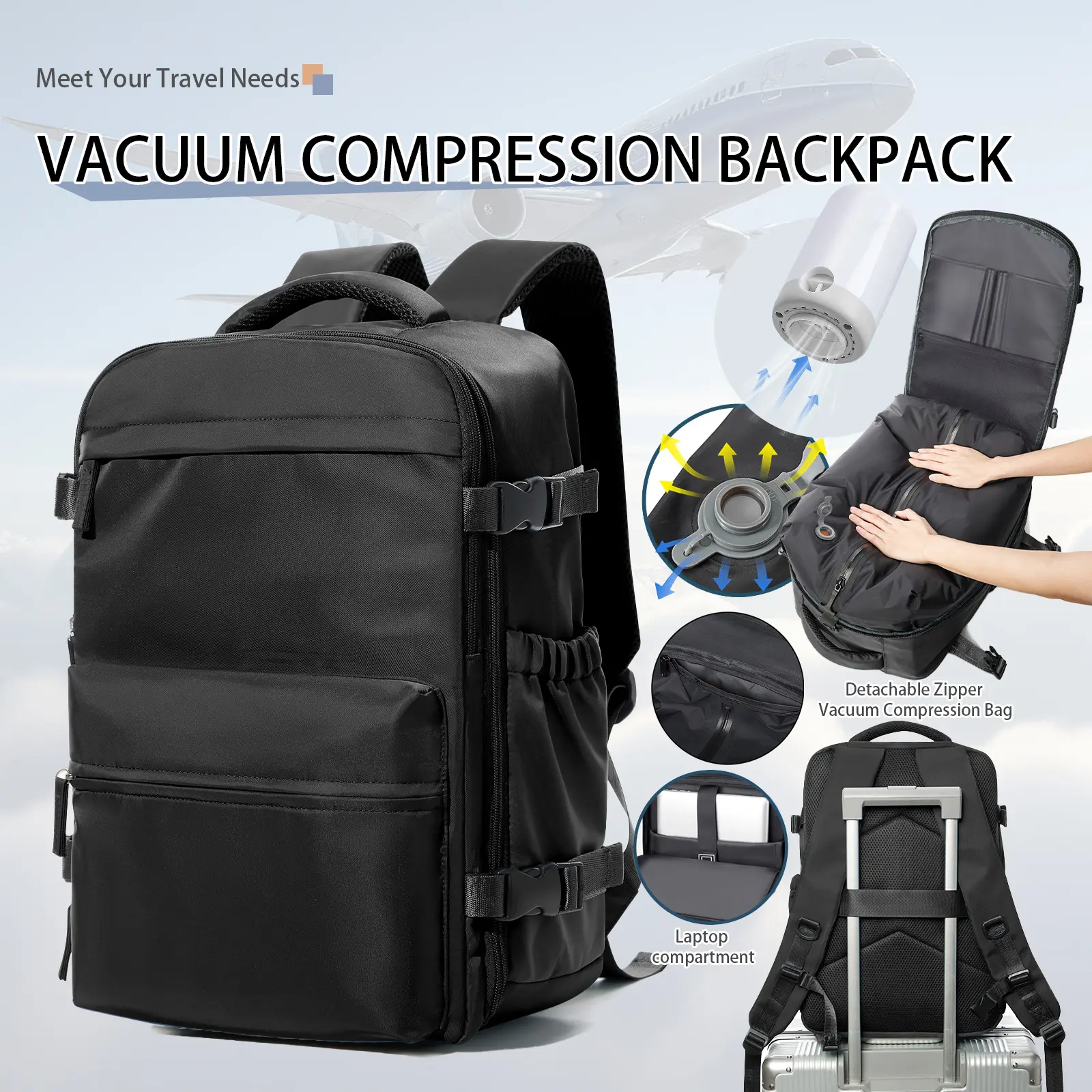 Vacuum Seal Backpack For Travel With Air Pump Compression 18x14x8 Inches Vacpack Carry On Flight Approved Daypack With Laptop Compartment Saver Bags Storage With Vacuum System Overnight Backpack