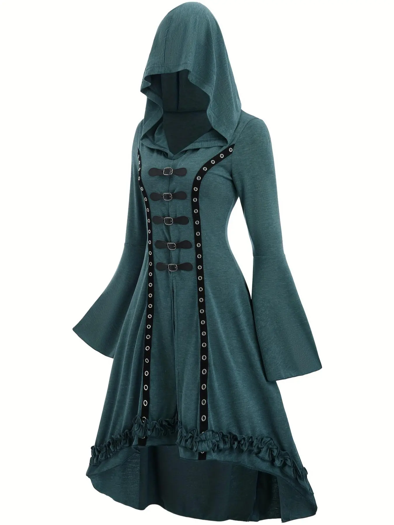 Women's Grommet Eyelet Buckle Decor Frill Trim High Low Hem Hooded Jersey Dress, Punk Fashion Flounce Sleeve A Line Slim Fit Dress for Party Holiday, Women's Clothing for Fall & Winter, Witch Cosplay Costume, Outfit, Costume for Parties, Womenswear
