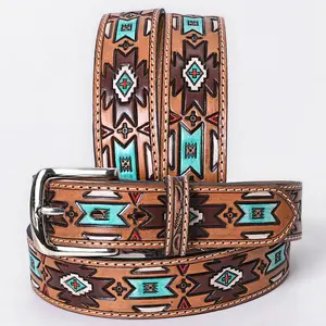 OHLAY Beautifully hand tooled Genuine American Leather Belt Men and Women Painted
