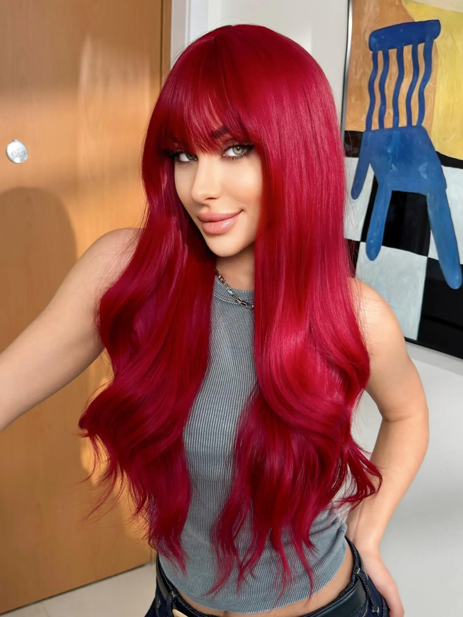 26 Inch Red Long Curly Wigs for Women, Gorgeous Fashion Fluffy Wigs with Blunt Bangs, Synthetic Full Machine Wigs for Party, Daily Use, Fluffy Wave Wig, Synthetic Hair, Synthetic Fiber Wig, Synthetic Material Wigs
