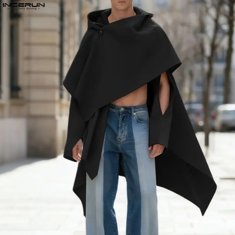 INCERUN Men's Gothic Ponchos, Solid Woven Fabric Tops with Batwing Sleeves, Irregular Hem and 1-Button Closure, Fashion, Evening, One Button