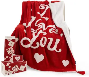 Valentines Day Throw Blanket - Soft and Warm Sherpa Heart Throws Valentines Day Gifts for Him and Her, I Love You Red 60"x80"