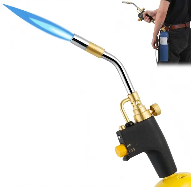 Brass Trigger Start Propane Torch Head - MAPP Torch with Enhanced Ignition System, Flame Lock, Adjustable Flame, Comfortable Anti-Slip Grip, 2372°F High Temp, Multi-Use Industrial Welding Accessory for Welding, Cooking, Barbecue (Tank Not Included)