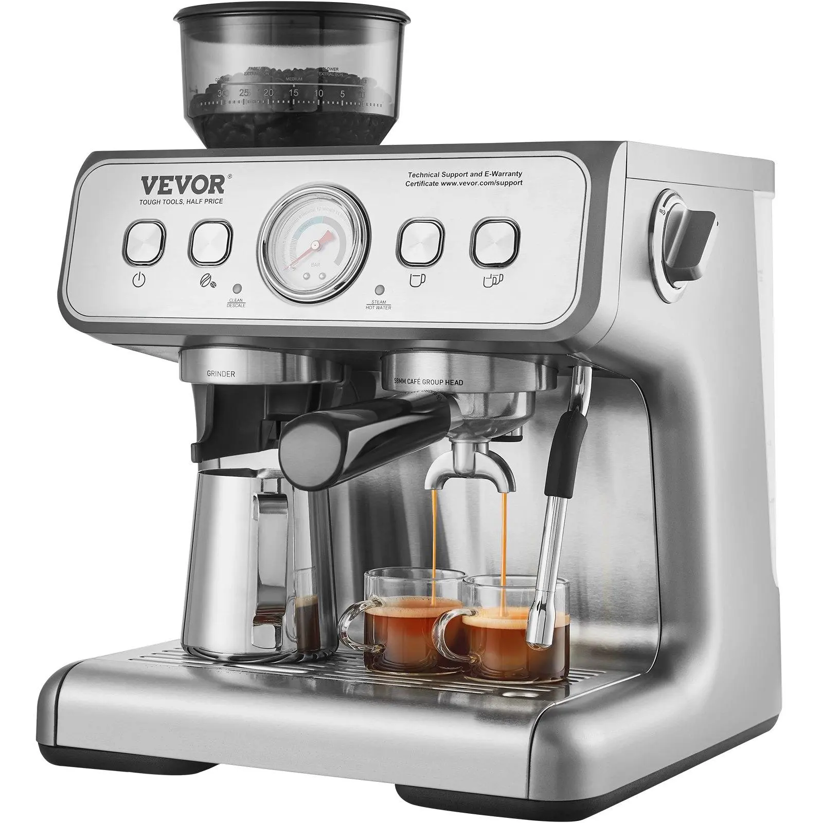 VEVOR Espresso Machine with Grinder, TikTokShopBlackFriday, 15 Bar Semi-Automatic Espresso Coffee Maker with Milk Frother Steam Wand, Removable Water Tank & Pressure Gauge for Cappuccino, Latte, Machiato, PID Control System