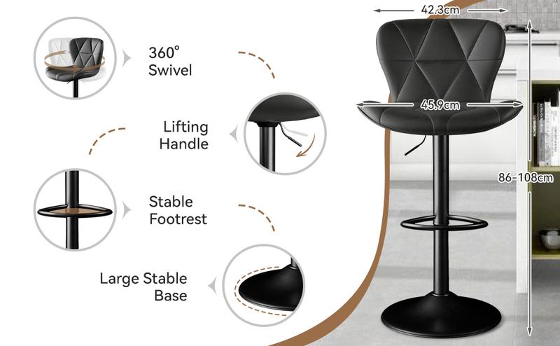 Modern Bar Stools, Adjustable Faux Leather Upholstered Swivel Bar Stools, Counter Height Bar Chairs with Back for Kitchen Island, Black