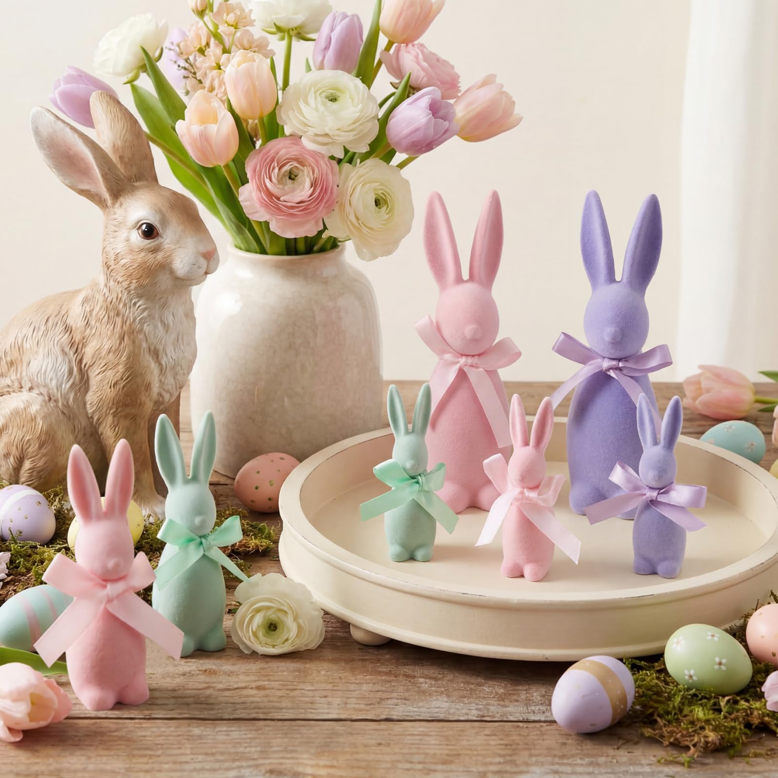 Pastel Flocked Easter Bunny Figurines - 7/6/4 Pcs Cute Velvet Rabbit Statues Set with Bow Ties, Adorable Easter Decor 2026 Bunny in Multiple Sizes & Poses for Tiered Tray Decor Spring Table Centerpiece Shelf Mantel Display Home Party Gifts Basket Stuffers