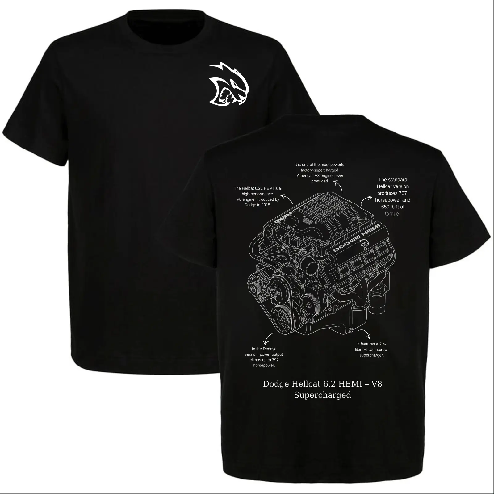 Dodge Hellcat 6.2 HEMI T-Shirt, V8 Supercharged Engine Graphic Tee, American Muscle Car Shirt for Men