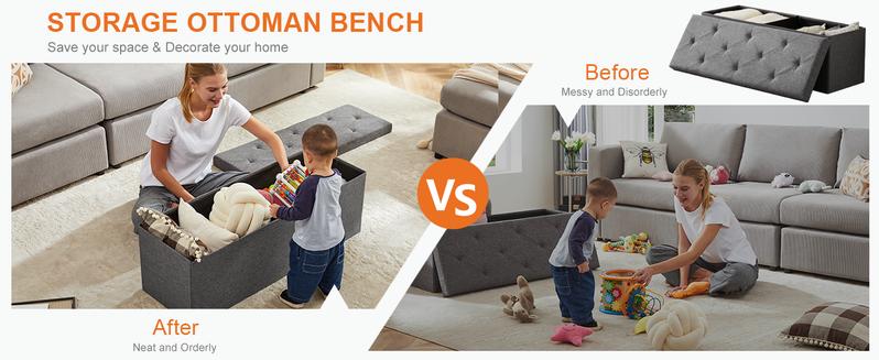 【NEW COLOR】Folding Storage Ottoman Bench, Foot Rest Stool with Padded Seat, Large Toy Box Storage Chest with Seatin, Holds up to 660 lb-Grey