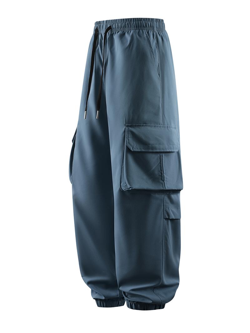 CCCMAI Men's Plain Drawstring Waist Cargo Pants, Casual Pocket Design Trousers for Daily Wear, Streetwear Men's Bottoms for All Seasons Menswear