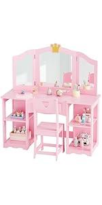 JOYMOR Kids Vanity Set with Mirror, 2-in-1 Design, Toddler Vanity w/a Drawer, Storage Box, 7 pcs Make up Accessories, Pretend Play Kids Vanity Table and Chair Set (White)