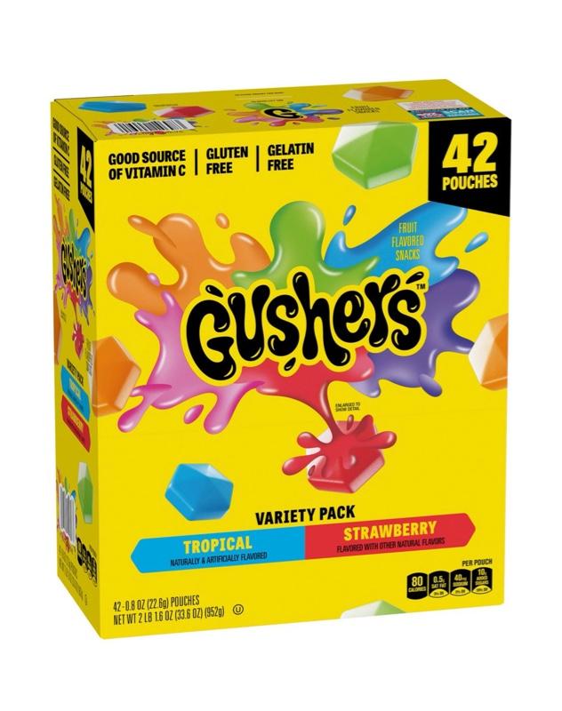 Gushers Strawberry & Tropical Variety Pack 0.8 oz - 42 Pouches of Fun and Colorful Treats, Good Source of Vitamin C, Gluten Free, Gelatin Free addict
