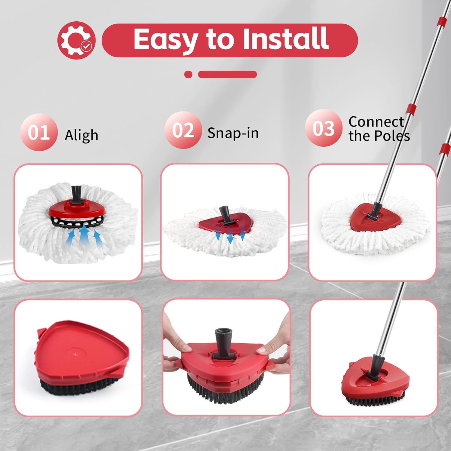 Spin Mop Head Replacement & Shower Floor Scrubber for O Cedar 1-Tank System Microfiber Mop Heads Easy Cleaning Floor Head Mop Set with 4 Refills 30-58in Handle for Wood Tile Laminate Marble