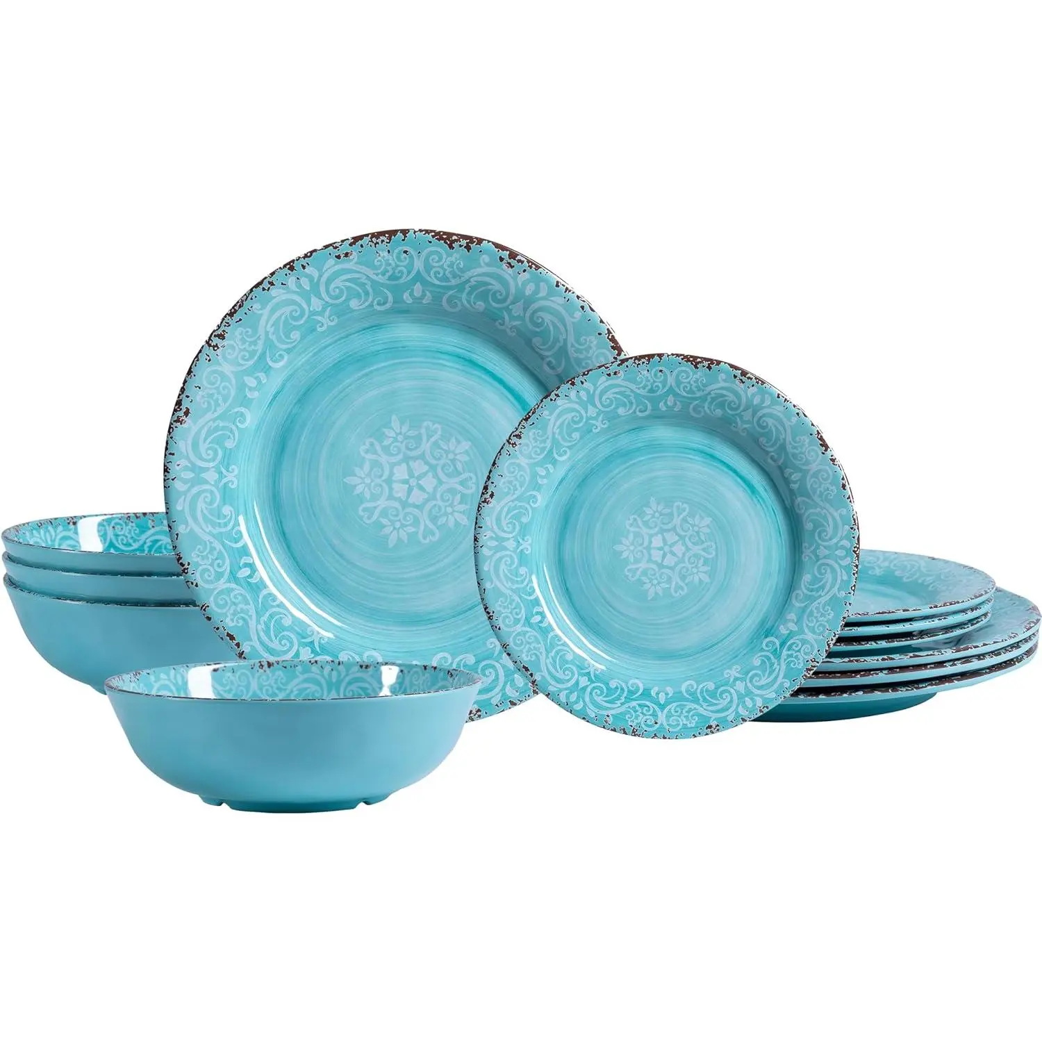 12-Piece Round Rustic Ceramic Farmhouse Tableware Set - Light Teal Floral Print, Shatterproof Heat-Resistant BPA-Free Melamine Plates & Bowls for Home Kitchen, Camping, Housewarming Gatherings