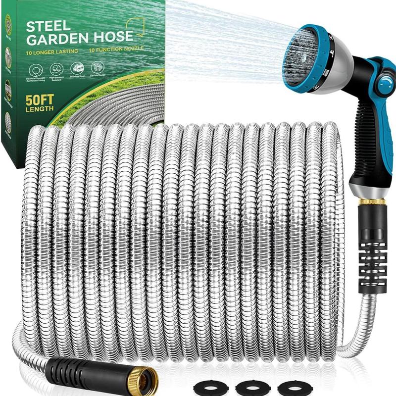 Garden Hose 50/100 ft Metal - Stainless Steel Water Hose Flexible Heavy Duty Garden Hose Collapsible and No Kink Water Pipe Handle Home Adjustable Nozzle
