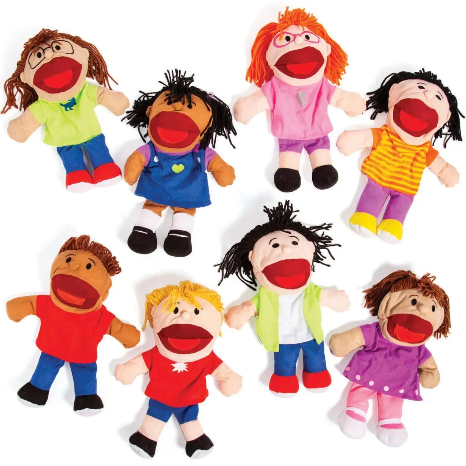 8-Pc 14" Soft Cuddly Gift Plushie Stuffed Hand Puppets for Kids, Oriental Trading Company Classroom Toys with Movable Mouths and Yarn Hair