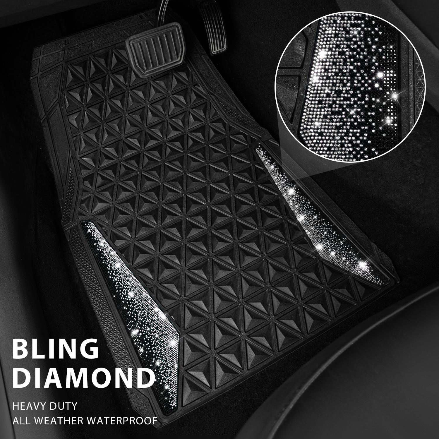 CAR PASS Bling Diamond Rhombus Rubber Leather Car Floor Mats, All-Weather for Car Full Set Durable Anti-Slip, Waterproof Trim Universal Fit,Sedan,SUV,Truck Vehicle Automotive