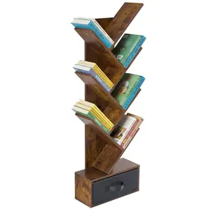 7-Tier Tree Bookshelf with Drawer,Tall Narrow Wood Bookcase for Living Room,Bedroom,Floor Standing Storage Shelf for Corner & Small Space