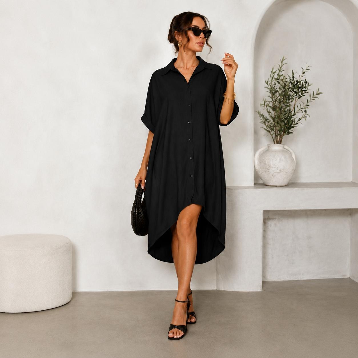 Elengatine Women Sexy Black Shirt Dress, Classic Turn Down Collar Button Up Dress, Short Sleeve Midi Dress with Curved Split Hem, Chic Baddie Aesthetic Streetwear, Casual Loose Flowy A Line Summer Sundress Elegant Polyester