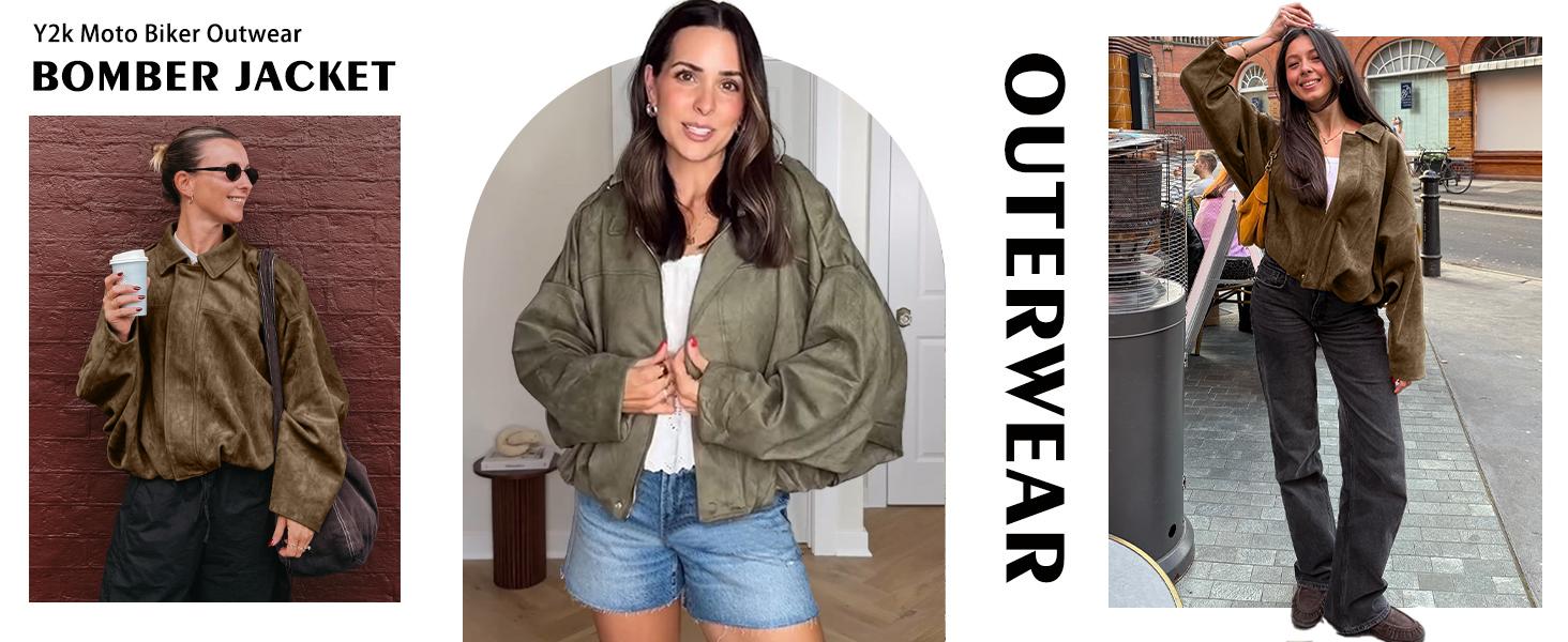 Yeokou Women's Faux Suede Bomber Jacket Oversized Pilot Coats Fall Lapel Zip Up Motorcycle Streetwear Outerwear