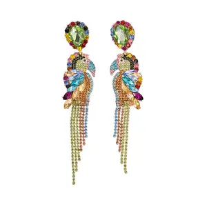 Parrot Earrings Cute Bird Tassel Earrings for Womens, Rhinestone Dangle Earrings, Colorful Statement Jewelry   Hypoallergenic, Tropical Parrot Animal Bohemian Drop Earrings, 9250Sterling silver needle earring women